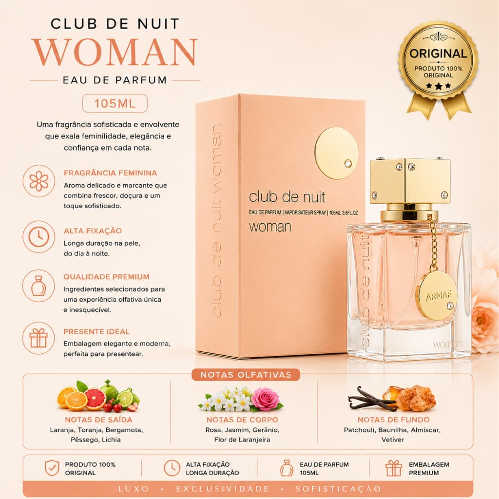 Perfume Feminino Armaf Club de Nuit Woman 105ml EDP Árabe Importado Floral Rosa Presente Mulher