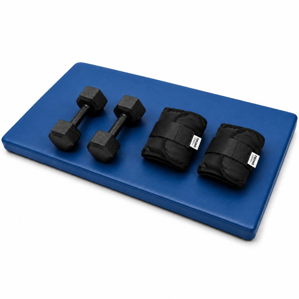 -Oferta Kit Fitness Colchonete Azul + Par 2kg Caneleira Peso Preto + Par 2Kg Halter Sextavado Academia