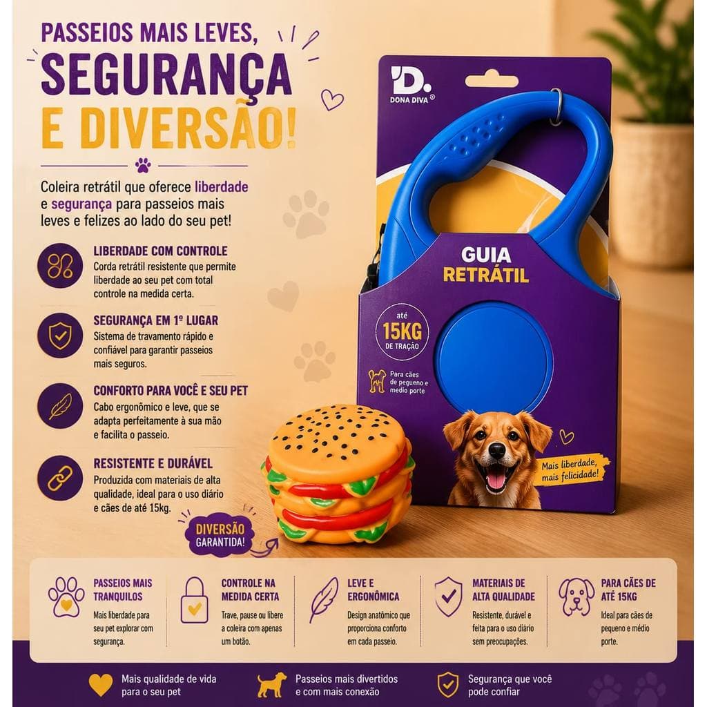 Guia Coleira Retrátil Para Pets Resistente Com Trava Até 15g  Acompanhado De brinquedo De Hamburguer