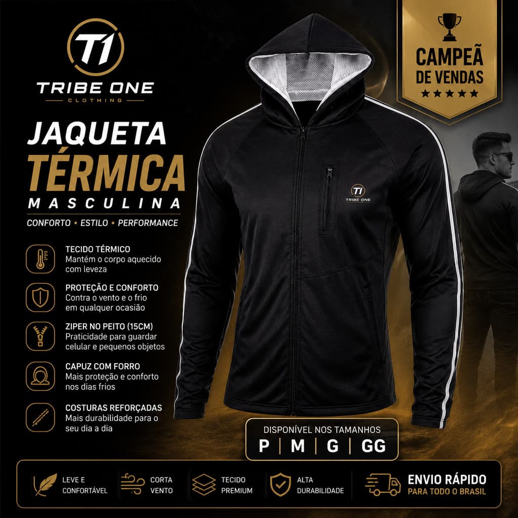 Jaqueta Termica Masculina Academia Casual com Capuz Forrado Bolso para Celular