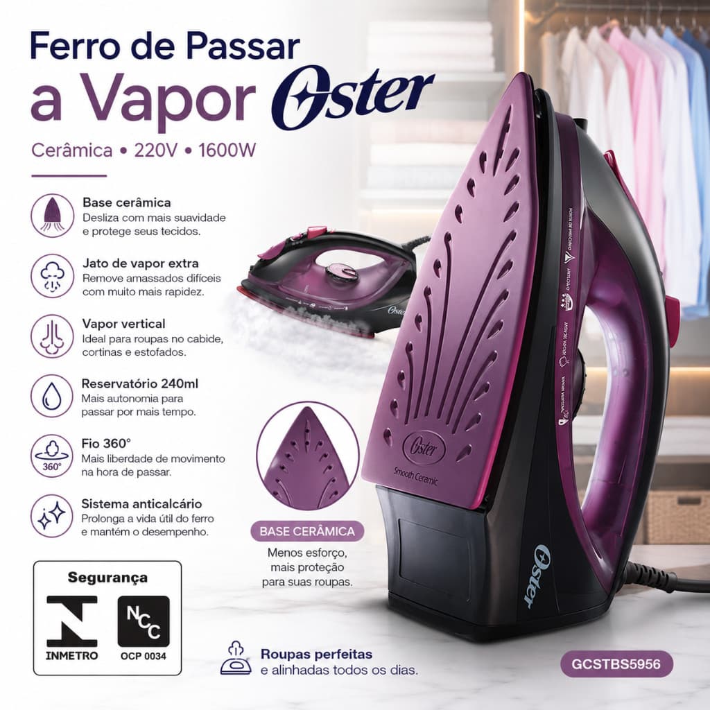 Ferro de Passar a Vapor Oster 220V 1600W Base Cerâmica Preto/Roxo Vapor Vertical Spray Anticalcário 240ml GCSTBS5956