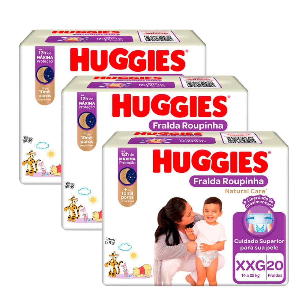 Kit 3 Fralda Roupinha Huggies Natural Care Tamanho XXG Pacote Mega 20 Unidades Descartáveis