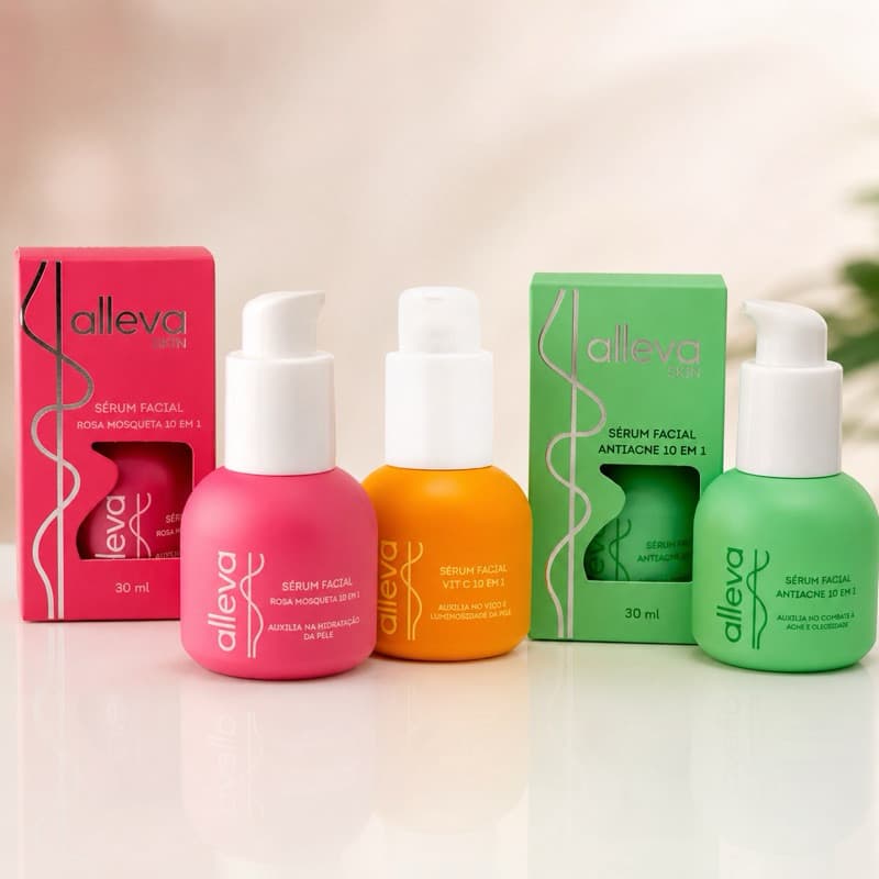 t 3 Séruns Faciais Alleva Skin 30ml – Rosa Mosqueta, Vitamina C e Antiacne
