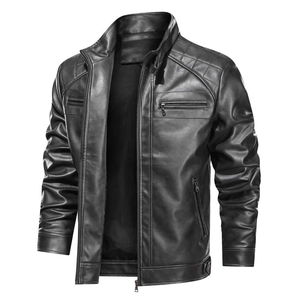 Jaqueta Masculina Casual Retrô de Couro PU, Jaqueta Estilo Biker com Bolsos com Zíper Elegantes