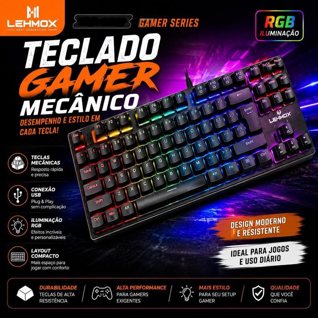 Teclado Mecânico Gamer LEHMOX LEY-2372 USB com Fio RGB ABNT2 Alta Durabilidade para PC e Notebook