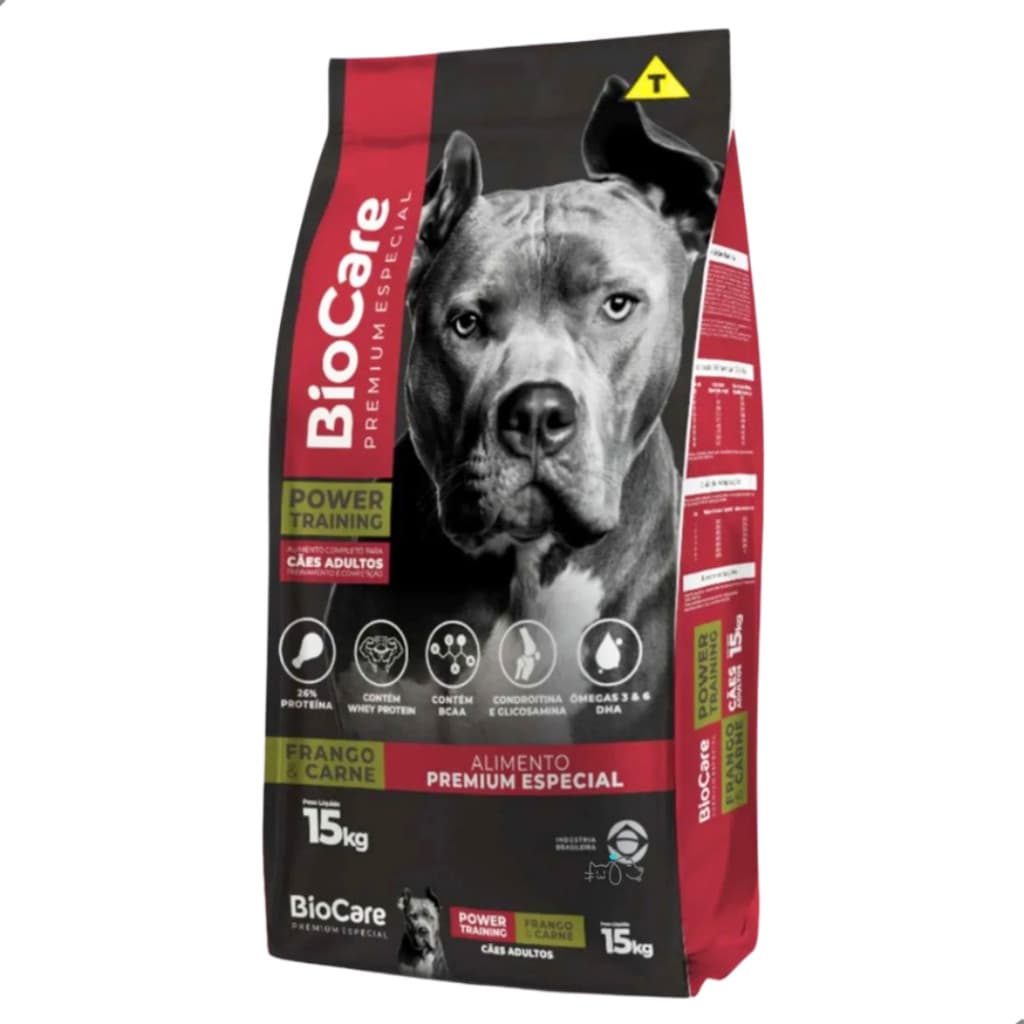 Ração BioCare Premium Especial Cachorros Adultos 26% Proteína Power Training Carne e Frango 15 Kg