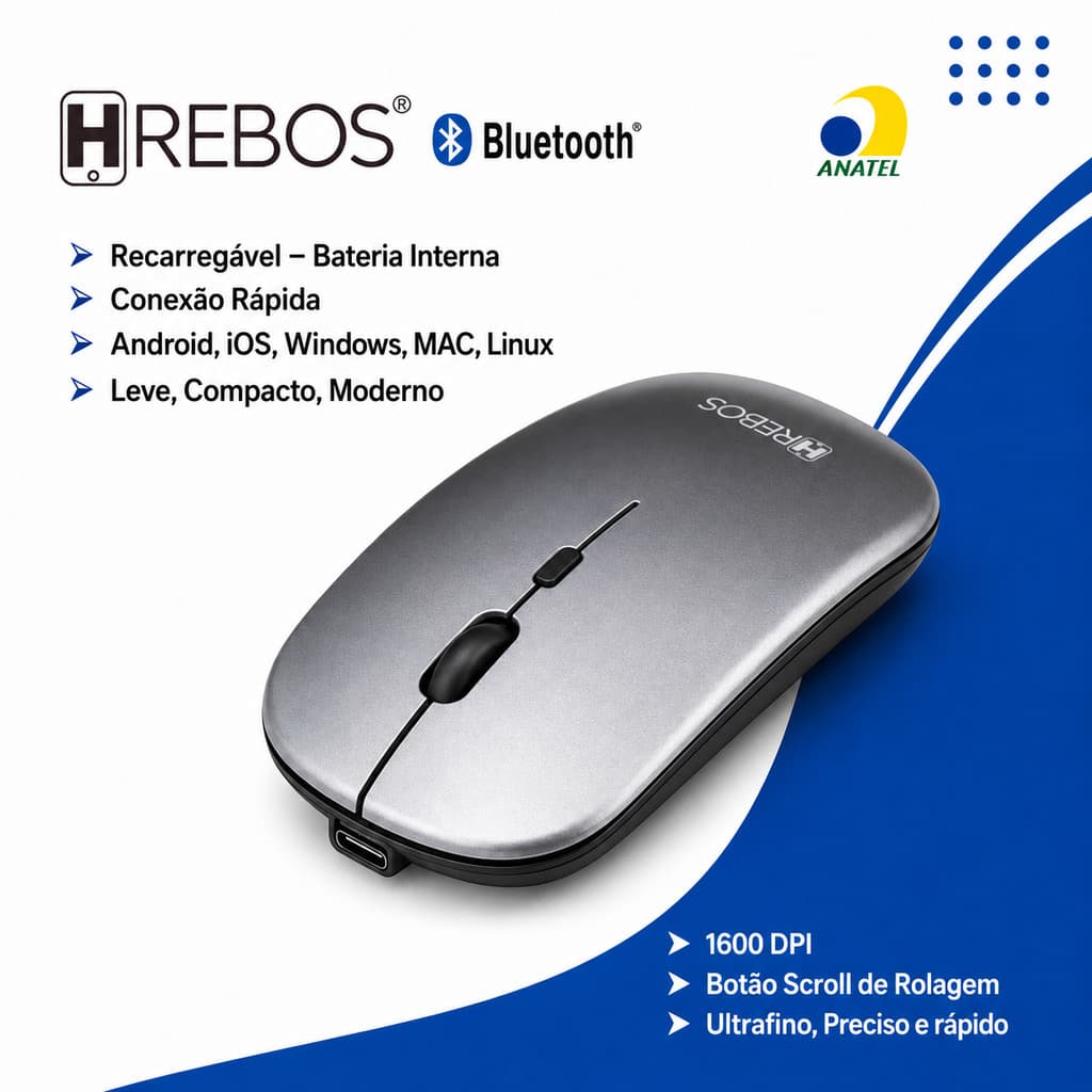Mouse Bluetooth | 1600 DPI | Sem Fio Recarregável | Note Tablet Celular Android iOS Windows Macbook