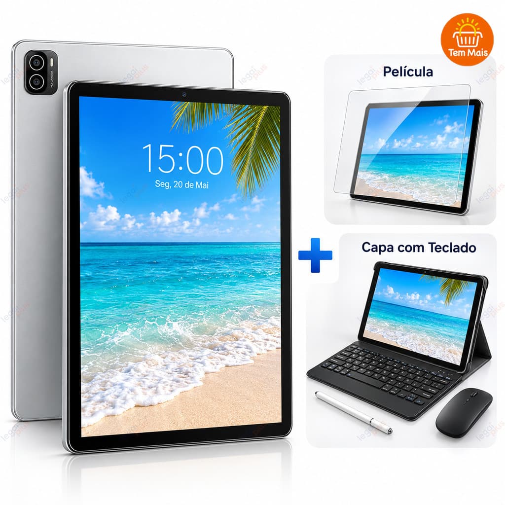 Tablet Android Tela Grande 10.1" HD, Kit 2 em 1 com Teclado Bluetooth e Capa, Conectividade WiFi
