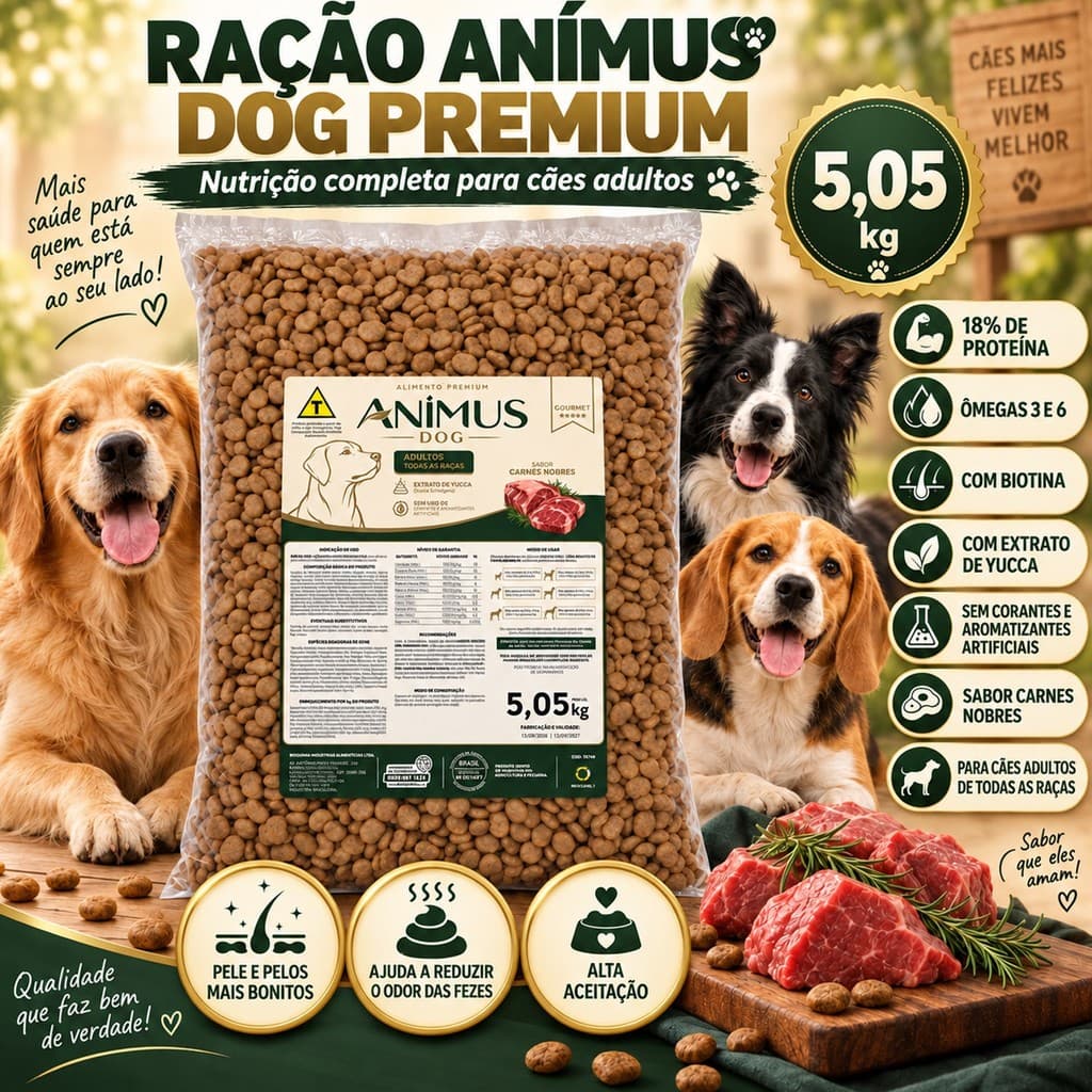 Ração Cachorro Premium 5kg Anímus Dog Carne 18% Proteina Adulto Todas Raças