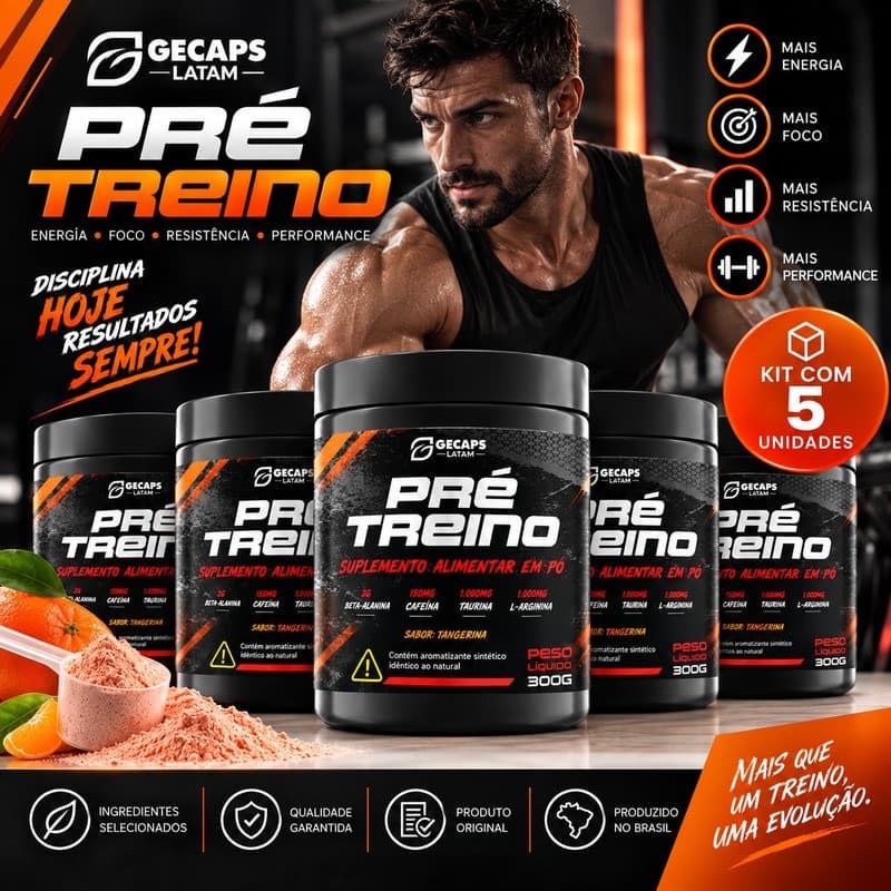 Kit 5 Pré Treino 300g Tangerina GECAPS | Suplemento Alimentar em Pó | Beta-Alanina Cafeína Taurina L-Arginina