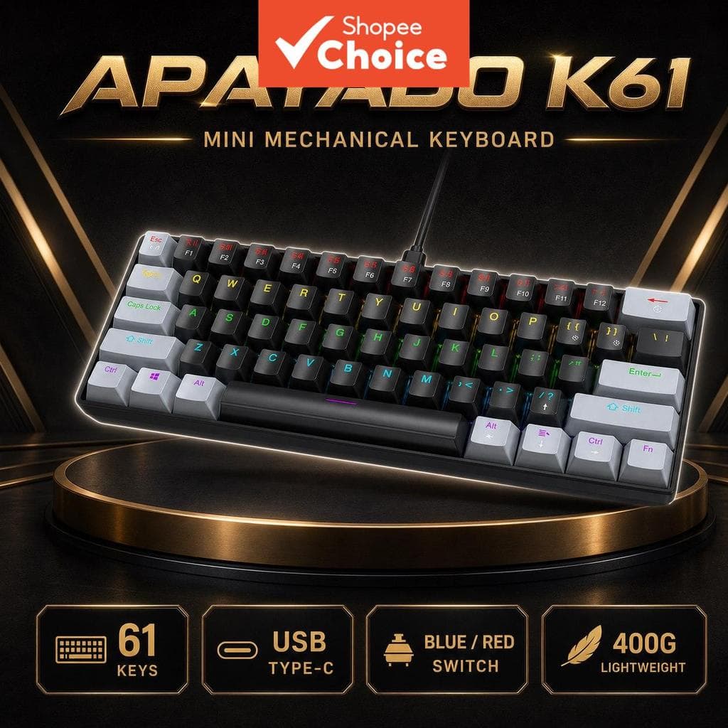 Teclado mecânico mini com fio APAYADO K61 com interruptores azuis/vermelhos, 61 teclas e peso de cerca de 400 g