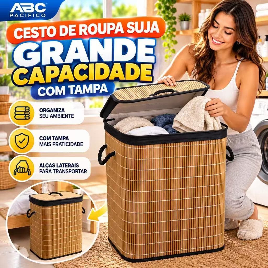 Cesto de Roupa Dobrável de Bambu 72L  ABC Pacifico – Organizador Forrado para Banheiro – 50cm