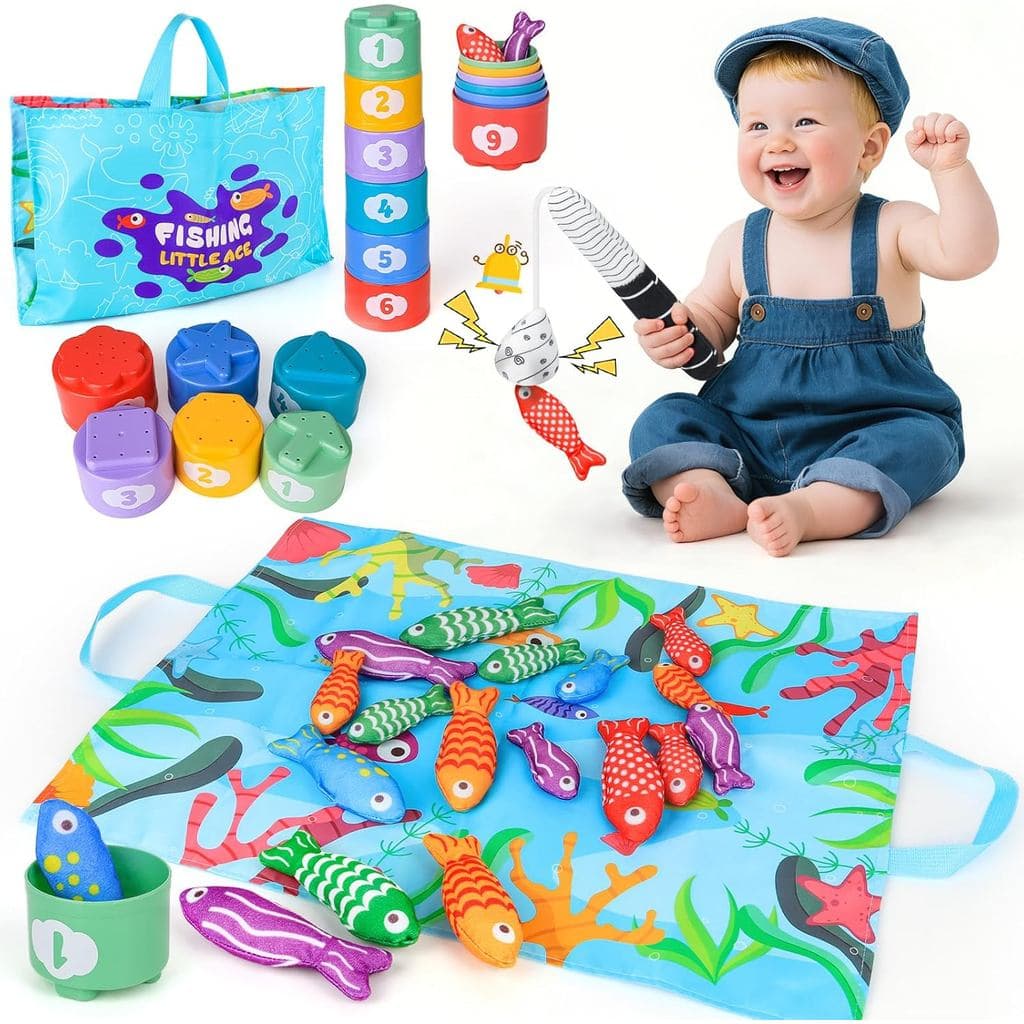 Brinquedos Montessori para Bebês, Jogo de Pesca com Copos Empilháveis e Tapete, Brinquedos Educativos para Aprender Cont