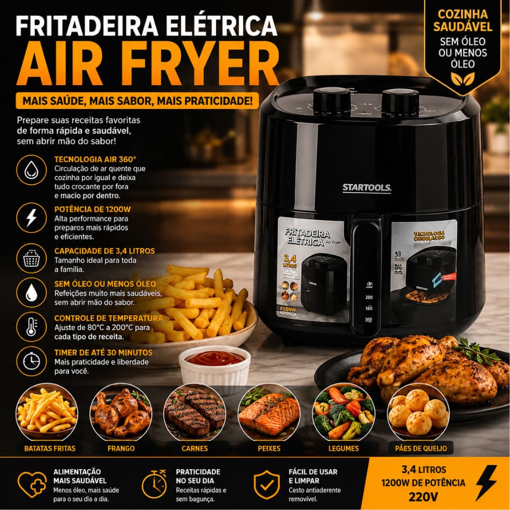 Fritadeira Eletrica Air Fryer 3,4 Litros Potente 1200w Sem Oleos Cozinha Saudavel 220v