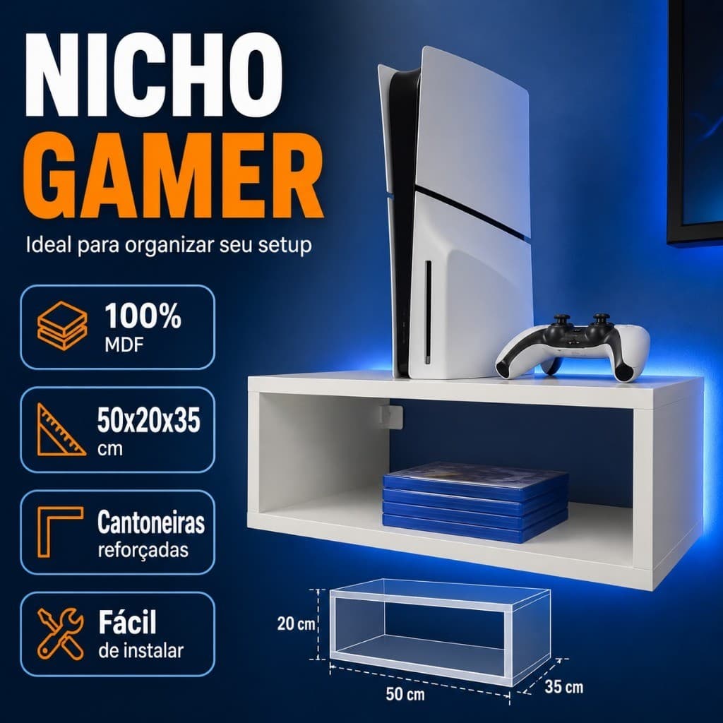 Nicho de Parede Suporte, prateleira para Video Game Console Notebook  Roteador 50x20x35cm MDF