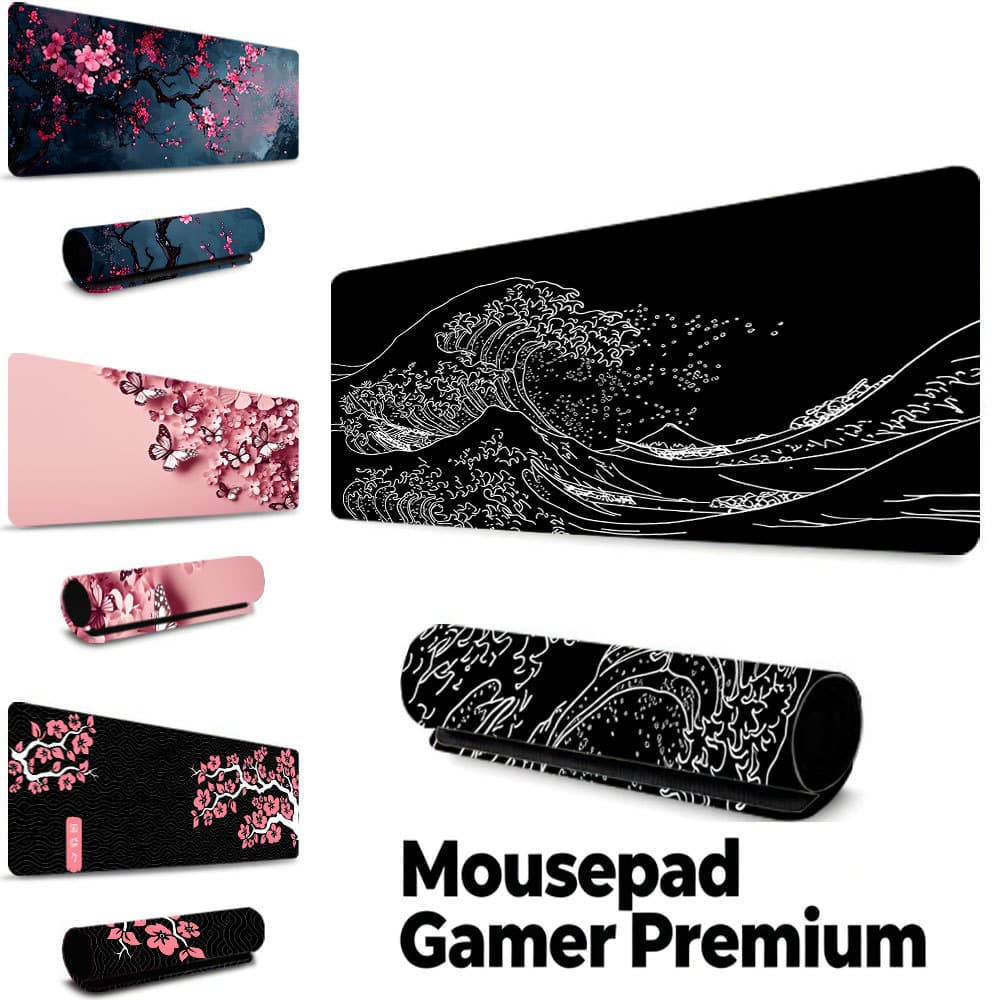 Tapete Gamer Onda Ukiyo-e Preto Branco, borda costurada, base borracha antiderrapante, à prova d'água mesa notebook