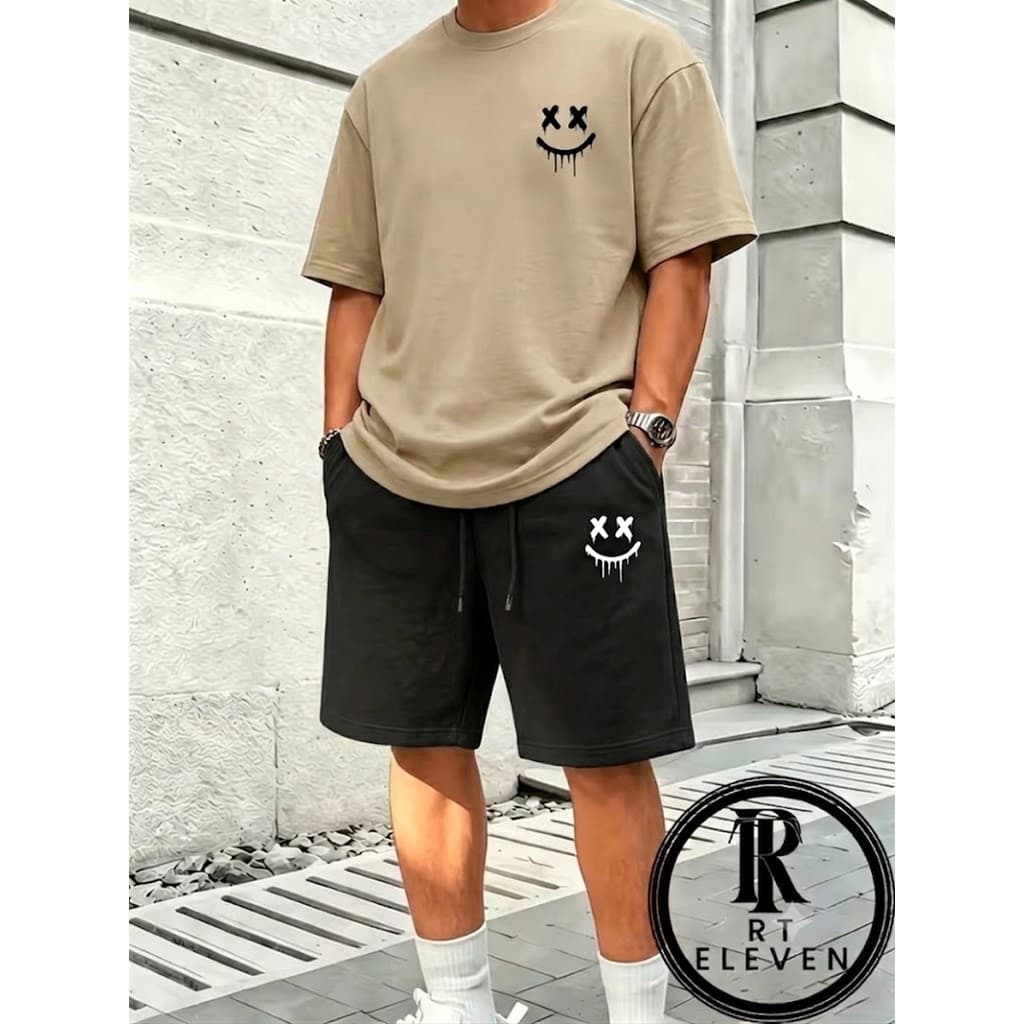 Conjunto Camiseta + Short Moletom Estampado Smile Sorriso moda Street Camiseta Malha Linha Premium + Short Mauricinho