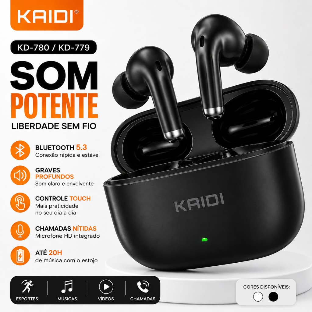 **Fone Bluetooth KAIDI KD780 KD779 TWS Sem Fio Bluetooth 5.3 Touch Som Potente HD**