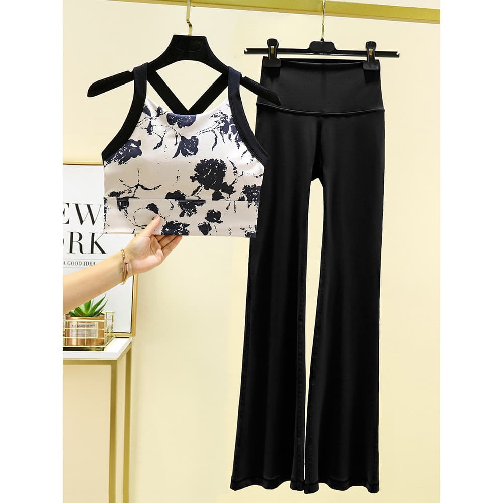 Lindas roupas de Yoga estilo chinês impresso colete roupas de Fitness feminino 2026 novo estilo calças largas terno espo