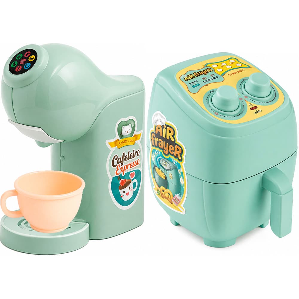 Brinquedo Cozinha Infantil Kit Cafeteira Expresso e Air Fryer Verde Tiffany 2 Peças para Brincar de Casinha
