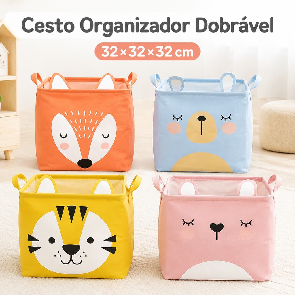 Cesto Organizador Infantil Dobrável 32x32x32cm para Roupas Sujas, Brinquedos, Quarto e Banheiro Multiuso
