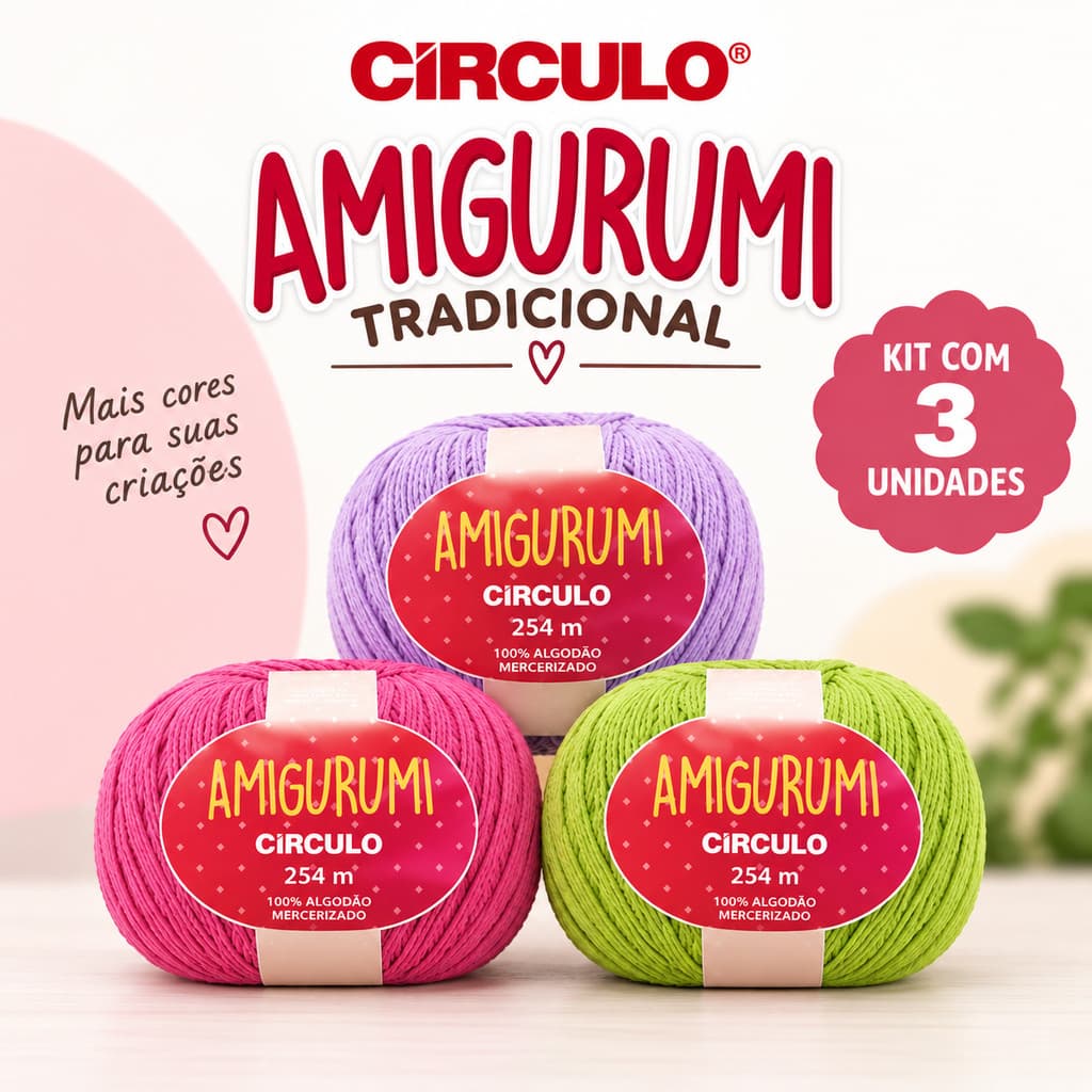 kit com 3uni linha amigurumi mercerizado 125g 254m 100% algodão | Fio Círculo para crochê e tricô