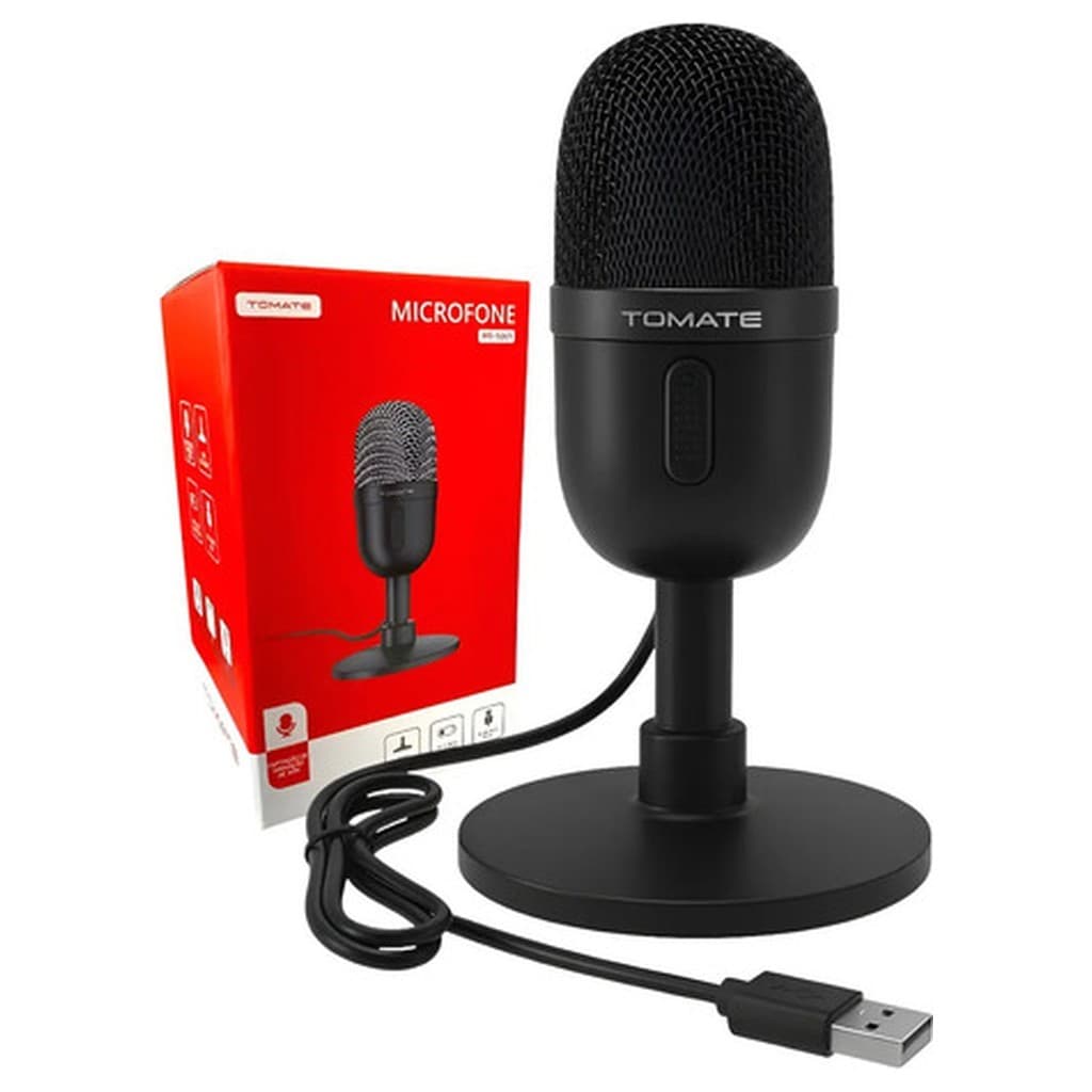 Microfone USB Tomate MT-1061 Cardioide Preto Com Fio Plug and Play Base Antiderrapante para PC Notebook Podcast Gamer