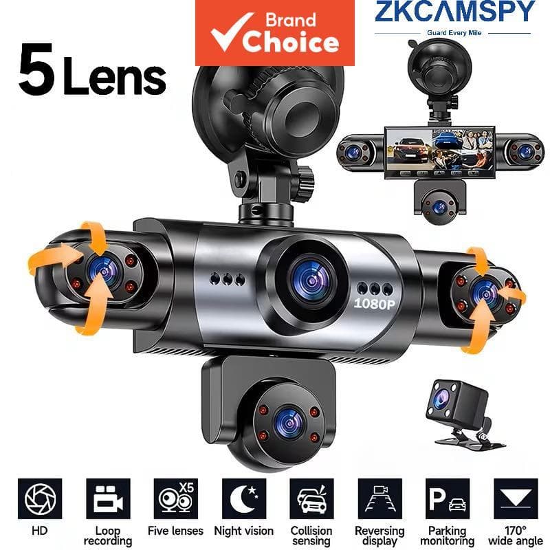 Dash Cam 5 Canais 1080p 4k Grande Angular Visão Noturna Carro Dvr Dianteiro Traseiro Interno Esquerdo Direito