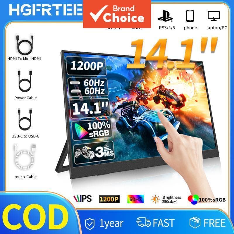 Monitor Gamer de 14,1 1200P com Tela sensível ao toque – IPS HDR, USB‐C/HDMI, Ultrafino e portátil para