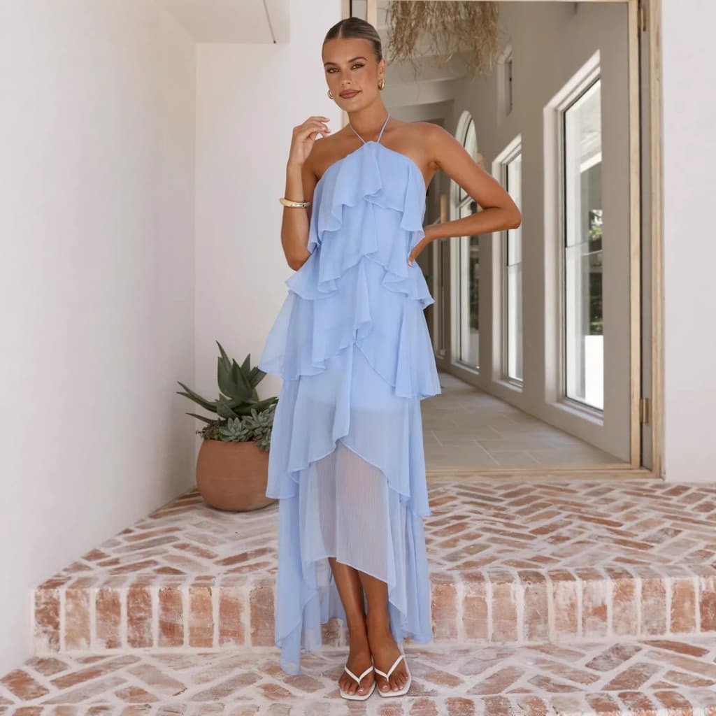 2026 High-End Moda Feminina Cor Sólida Chiffon Cetim Vestido de Noite Vestido Feminino