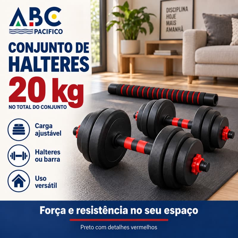 Kit Halteres de Musculação 20kg Ajustável — 2 em 1 com Barra para Treino em Casa