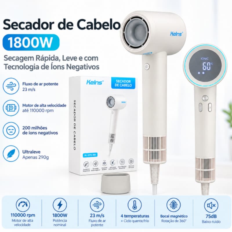 【Kelns】Secador de Cabelo Profissional 1800W Potente Silencioso Secagem Rápida para Cabelos Modelador