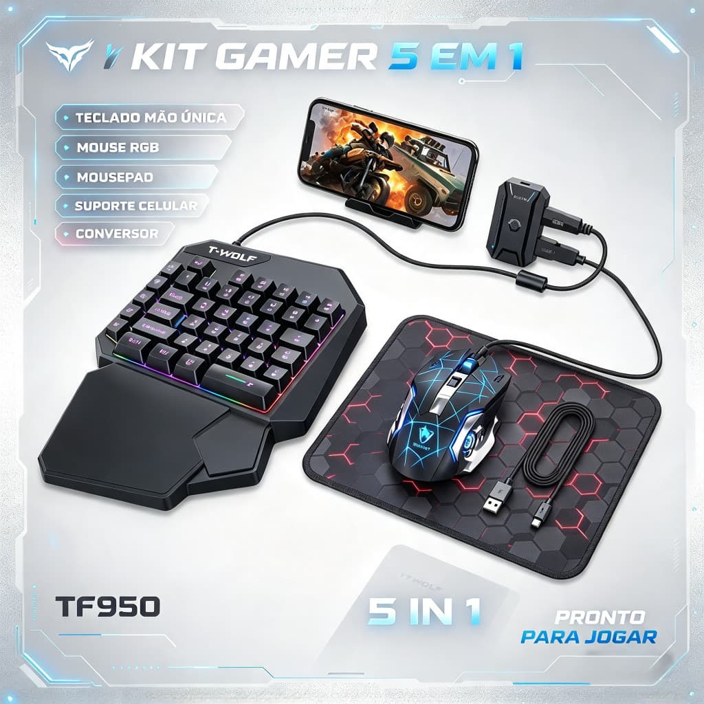 Kit Gamer 5 em 1 Teclado Uma Mão + Mouse RGB Conversor