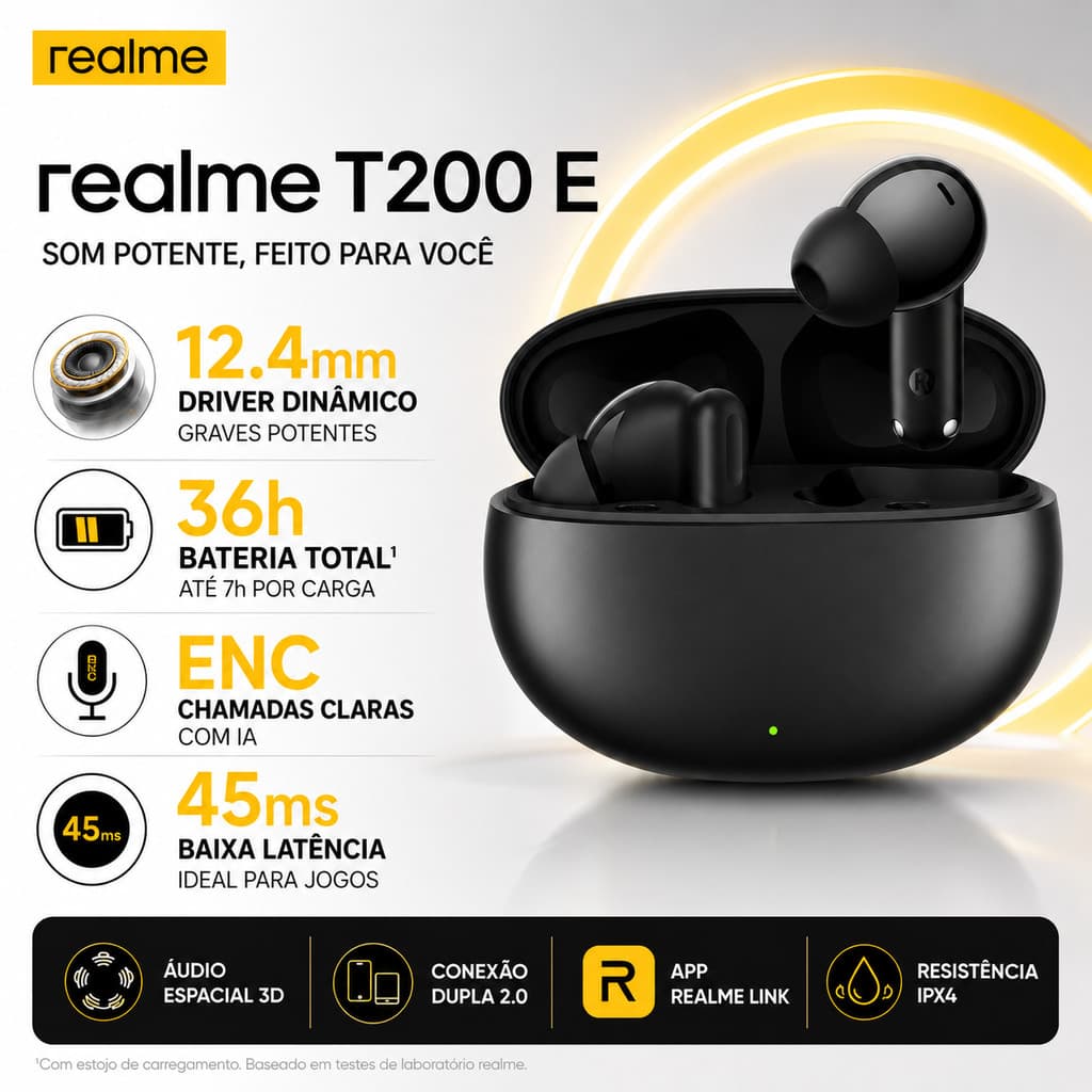 Fone Bluetooth realme T200 E TechLife Buds TWS Bluetooth 5.4 ENC IPX4 Até 36h de Bateria Novo