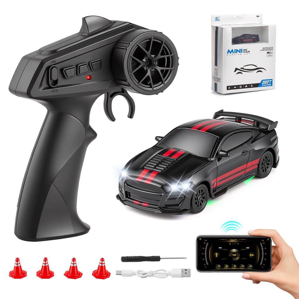 Carrinho de Controle Remoto Drift 1:64 4WD Rovtop 2.4GHz 10km/h LED Recarregável APP Tipo-C Cones x4