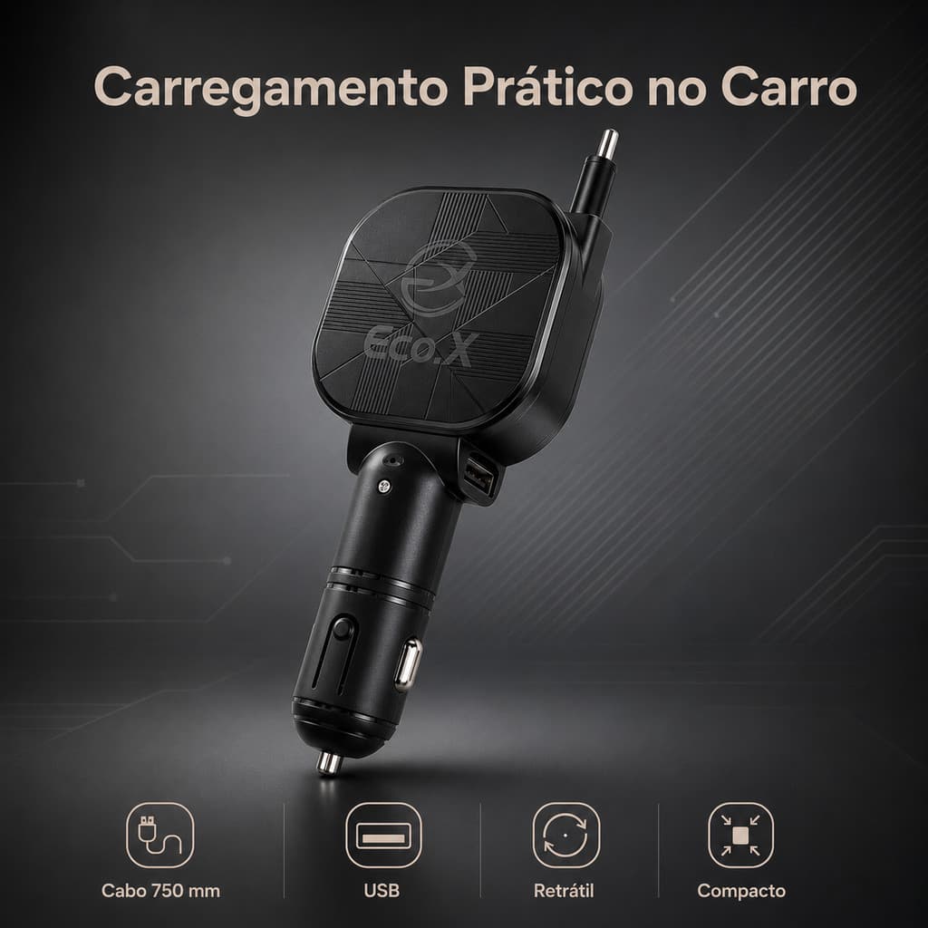 Carregador Veicular Retrátil USB 2.4A com Cabo USB-C 750mm | Retrátil Compacto para Carro | Carregamento Rápido