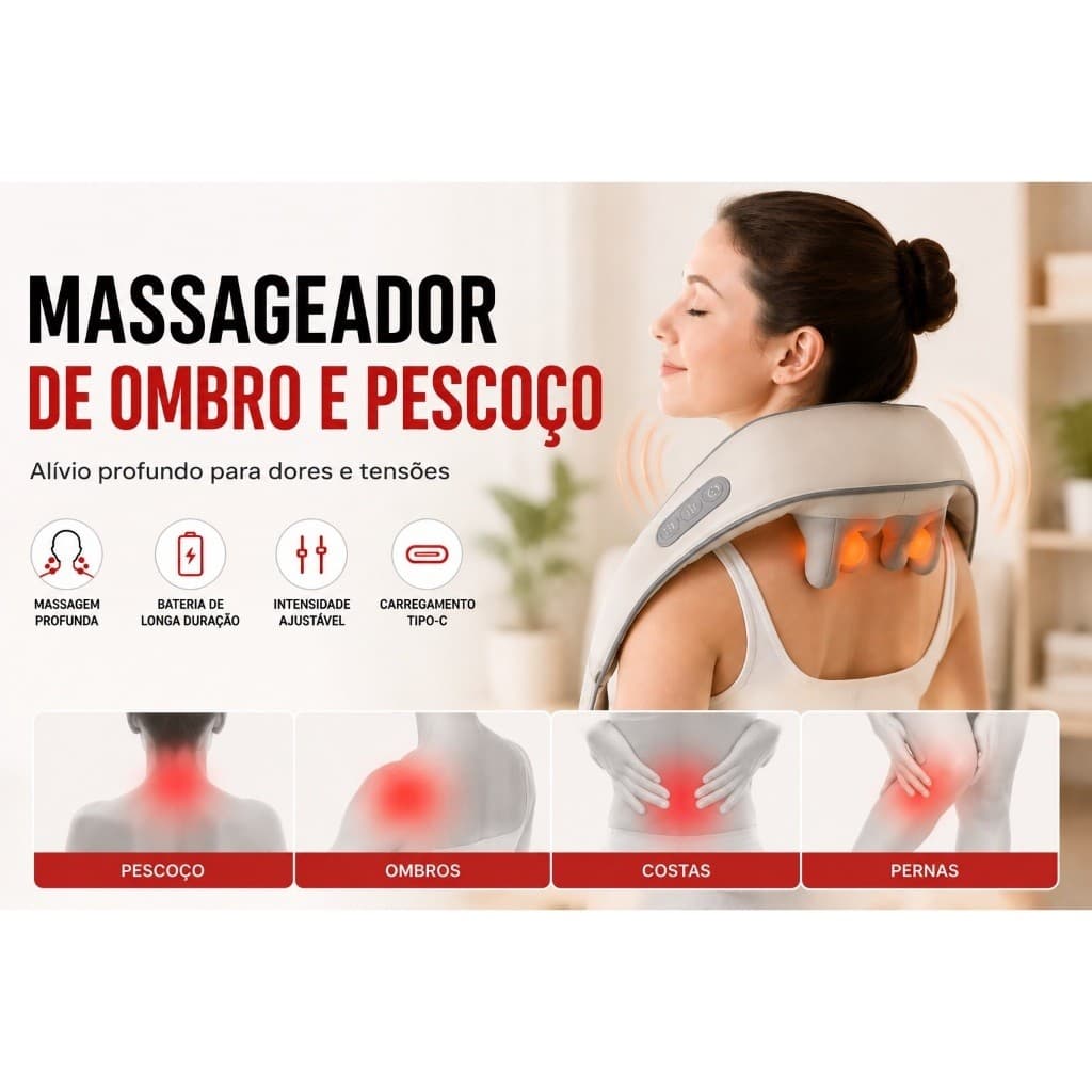 Massageador Elétrico para Pescoço e Ombros Sem Fio Recarregável Relaxamento Muscular