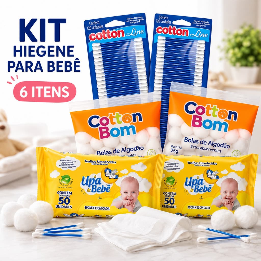 Kit Higiene Cha De Bebe 6 Itens Completo Lenço Umedecido Cotonete e Algodao Limpeza Recem Nascido