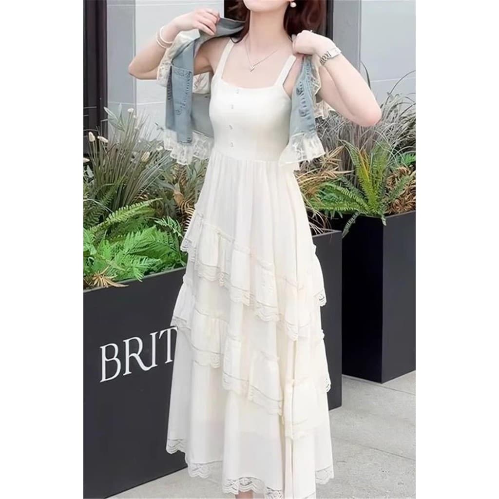2025 francês High-End magro-ajuste branco estilingue vestido feminino renda saia longa terno feminino 7.19 vestido