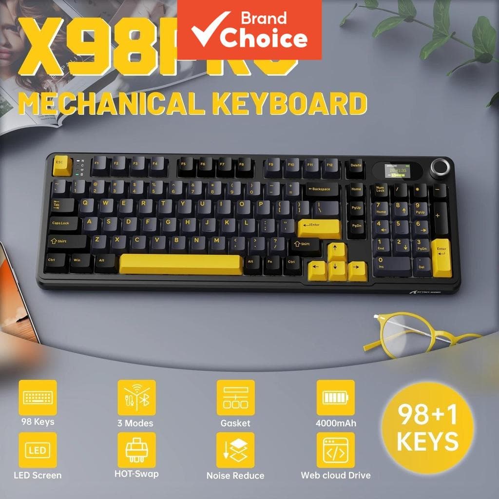 Teclado Mecânico de Troca Rápida Attack Shark X98 Pro Tri-Modo, Tela TFT, RGB, Estrutura Gaxeta, Teclado Gamer