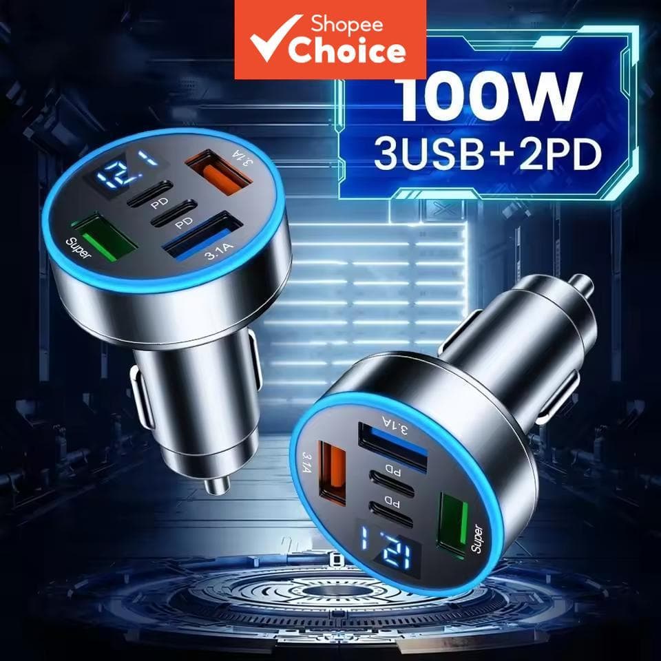 Carregador Veicular 100W com  Portas USB, PD QC3.0 Tipo C de Carregamento Rápido e Display LED de Tensão, Adaptador
