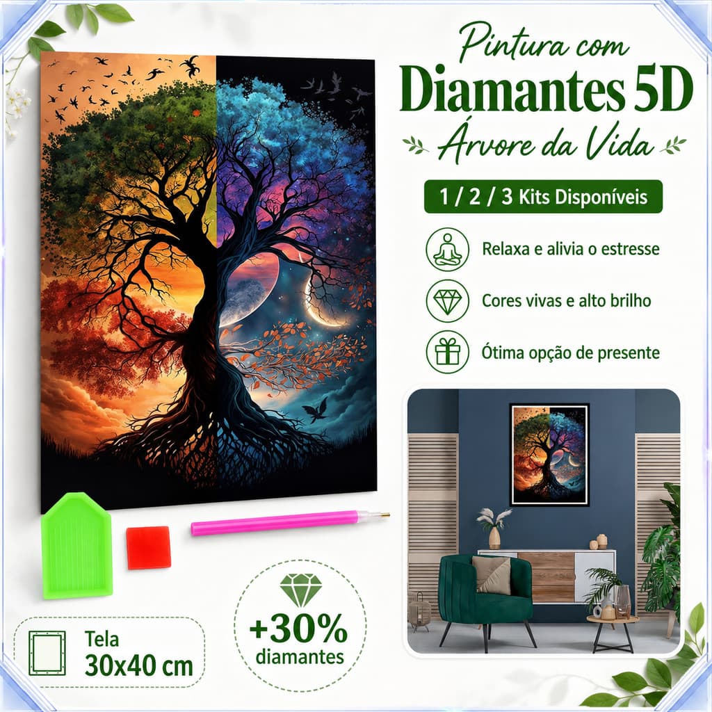 Kit Pintura Diamante 5D Árvore da Vida Noite 30×40cm, Material DIY Quadro Decoração Casa