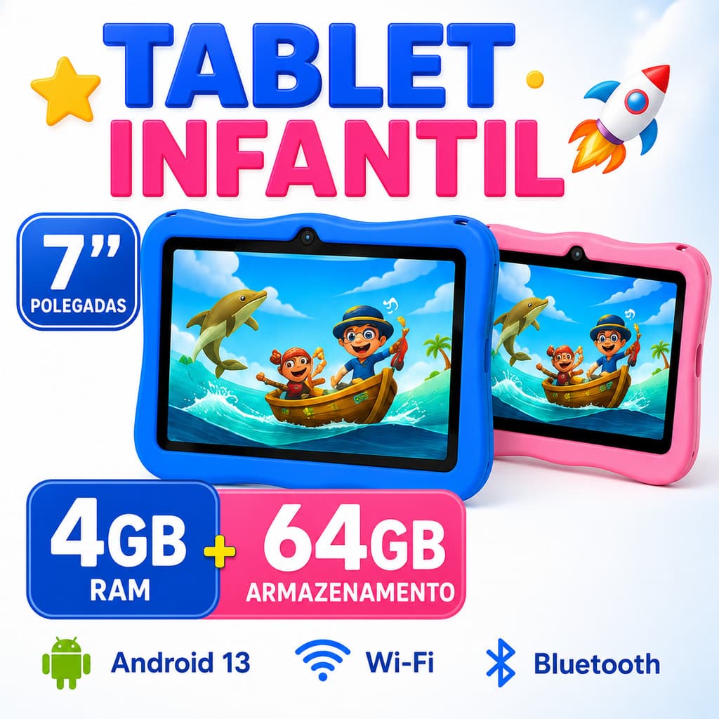Tablet Infantil Kids 7 Polegadas 4GB RAM 64GB Android 13 Smart WiFi Bluetooth Capa Antichoque Caneta Touch
