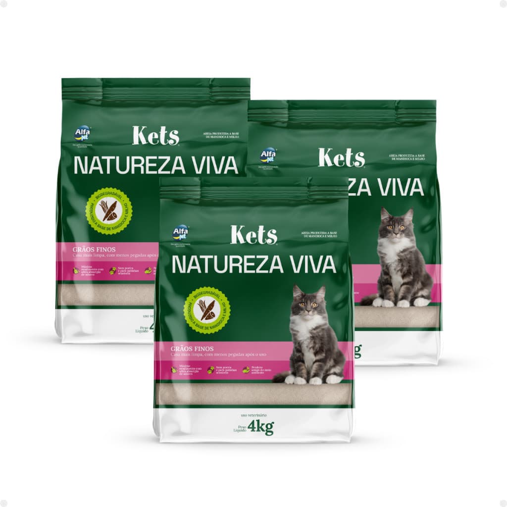 Kit 3 Areia Higiênica Sanitária Gato Mandioca Kets Natureza Viva Grãos Finos 12Kg