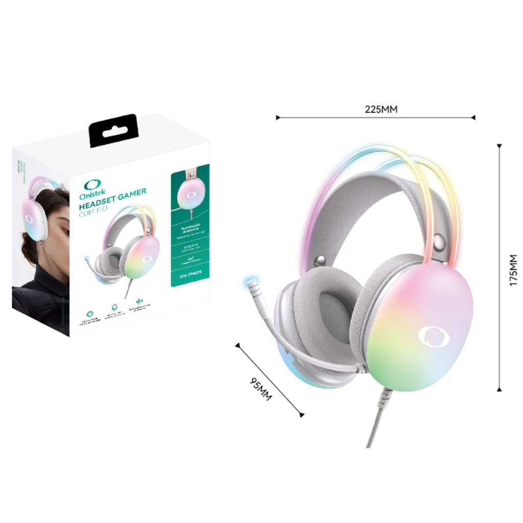 Headphone Gamer Onistek ON-FN635 Branco com RGB 50mm Microfone para PC e Notebook