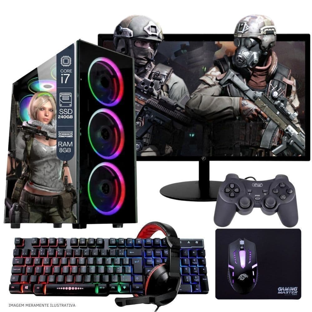 Computador PC Gamer  TOB   i7  240GB 8GB Kit Gamer e Headset Gamer Joystick Monitor 19” Windows 10 Pro Trial