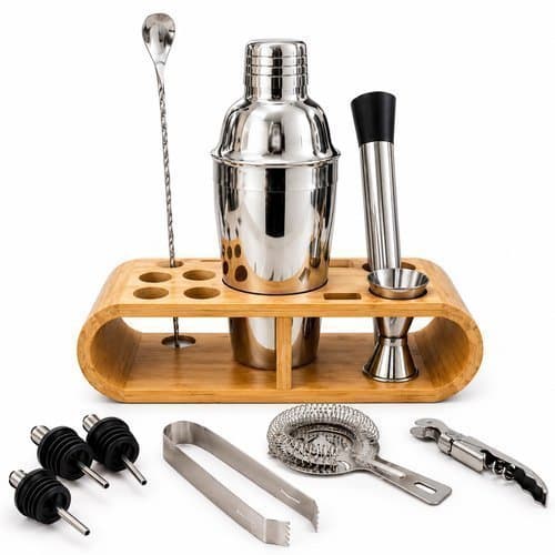 Kit Bartender Coqueteleira Completo Kit Bar Ferramentas Cocktail Suporte Bambu