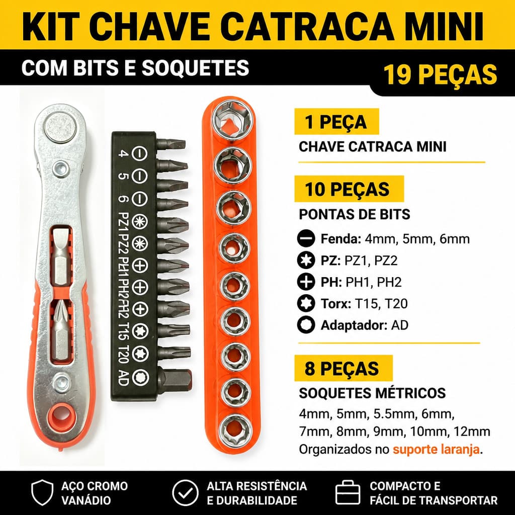 Jogo Chave Catraca Mini 19 Peças Conjunto Chave Ratchet com Bits e Soquetes Aço Cromo Vanádio Reparos Domésticos Oficina
