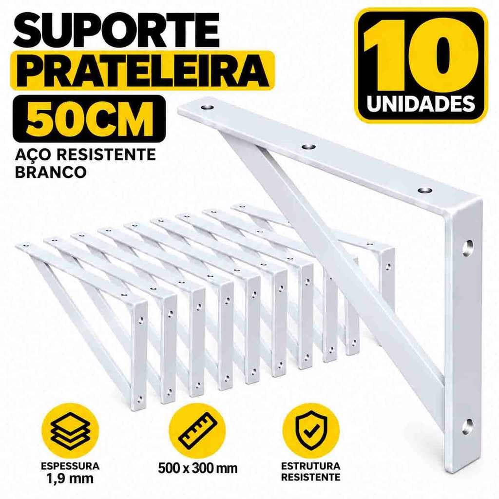 10 Suportes Prateleira 50 cm Aço Branco Mão Francesa Reforçada p/ Parede Cozinha Oficina Organização