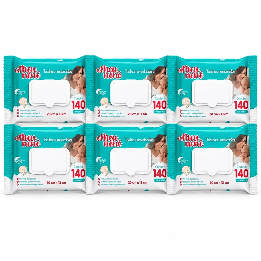 Kit 6 ou 3 Toalhas Umedecidas Meu Nenê 140 Folhas 20x13 com Tampa Sem Álcool Lenço Umedecido Bebê Textura Macia